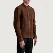 Brown Goatskin Suede Biker Jacket - Vista posteriore Showing Tailored Shoulder Fit &amp; Clean Hemline