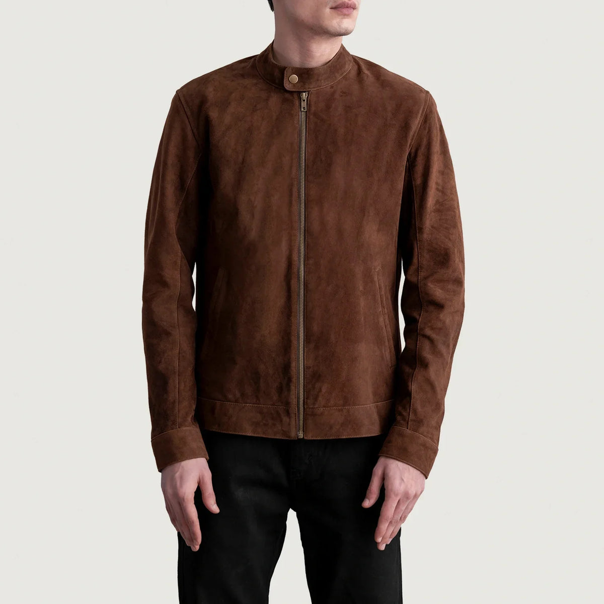 Zen Marrone Suede Giacca Biker in Pelle da Uomo - Lateral Side Profile View Showing Sleeve Cut &amp; Athletic Taper Fit