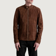 Zen Marrone Suede Giacca Biker in Pelle da Uomo - Lateral Side Profile View Showing Sleeve Cut &amp; Athletic Taper Fit