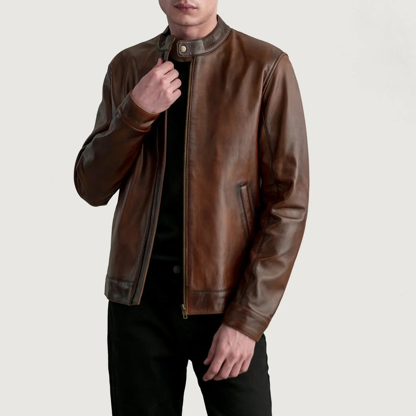 Zen Marrone Invecchiato Giacca Biker in Pelle da Uomo