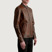 Distressed Brown Sheepskin Leather Biker Jacket - Vista posteriore Showing Tailored Shoulder Fit &amp; Clean Hemline