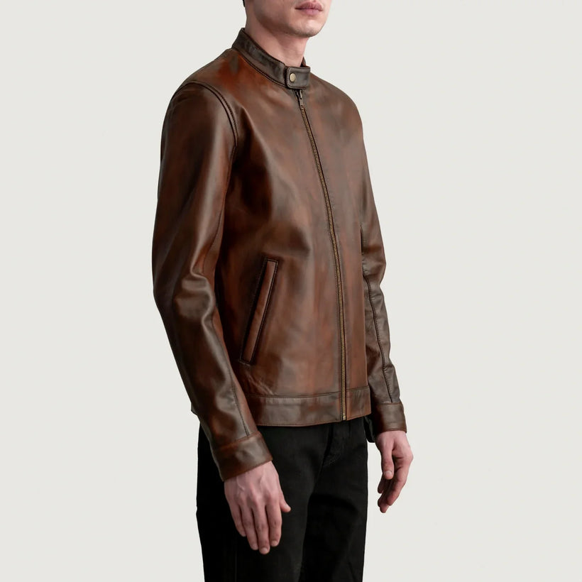 Zen Marrone Invecchiato Giacca Biker in Pelle da Uomo