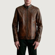 Zen Effetto Usurato Marrone Giacca Biker in Pelle da Uomo - Lateral Side Profile View Showing Sleeve Cut &amp; Athletic Taper Fit