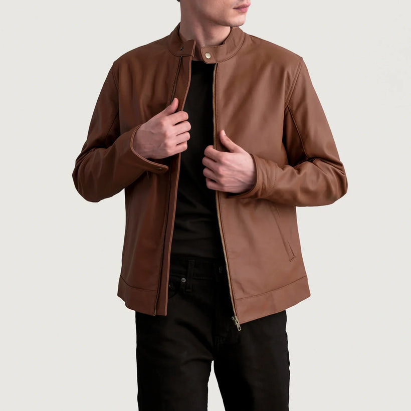 Zen Matte Marrone Giacca Biker in Pelle da Uomo
