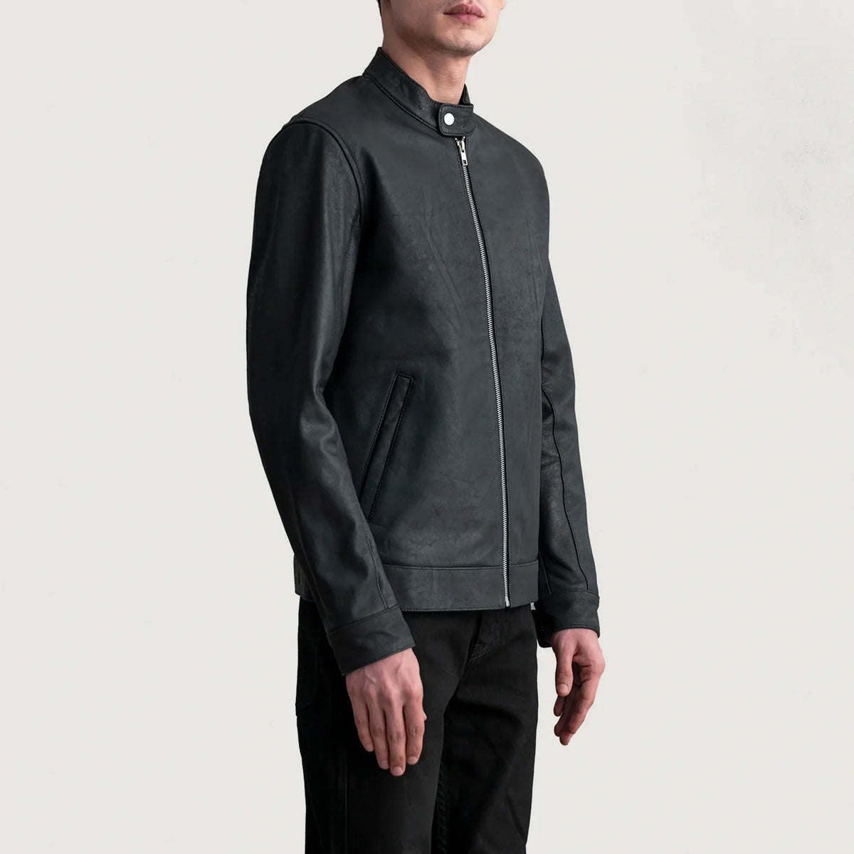 Tumbled Black Sheepskin Leather Biker Jacket - Vista posteriore Showing Tailored Shoulder Fit &amp; Clean Hemline