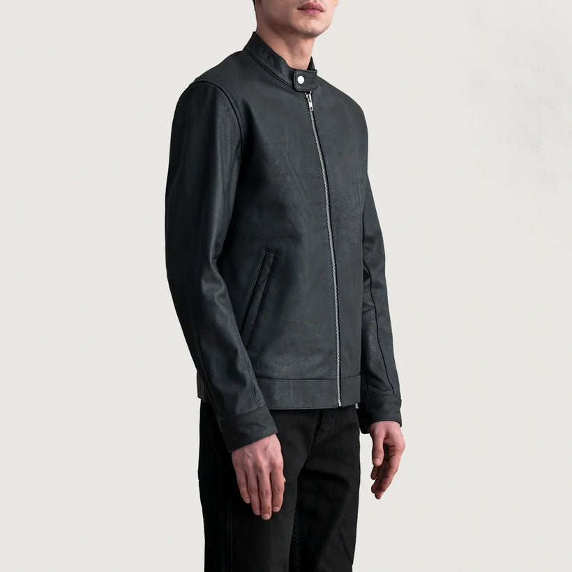 Zen Tumbled Nero Giacca Biker in Pelle da Uomo