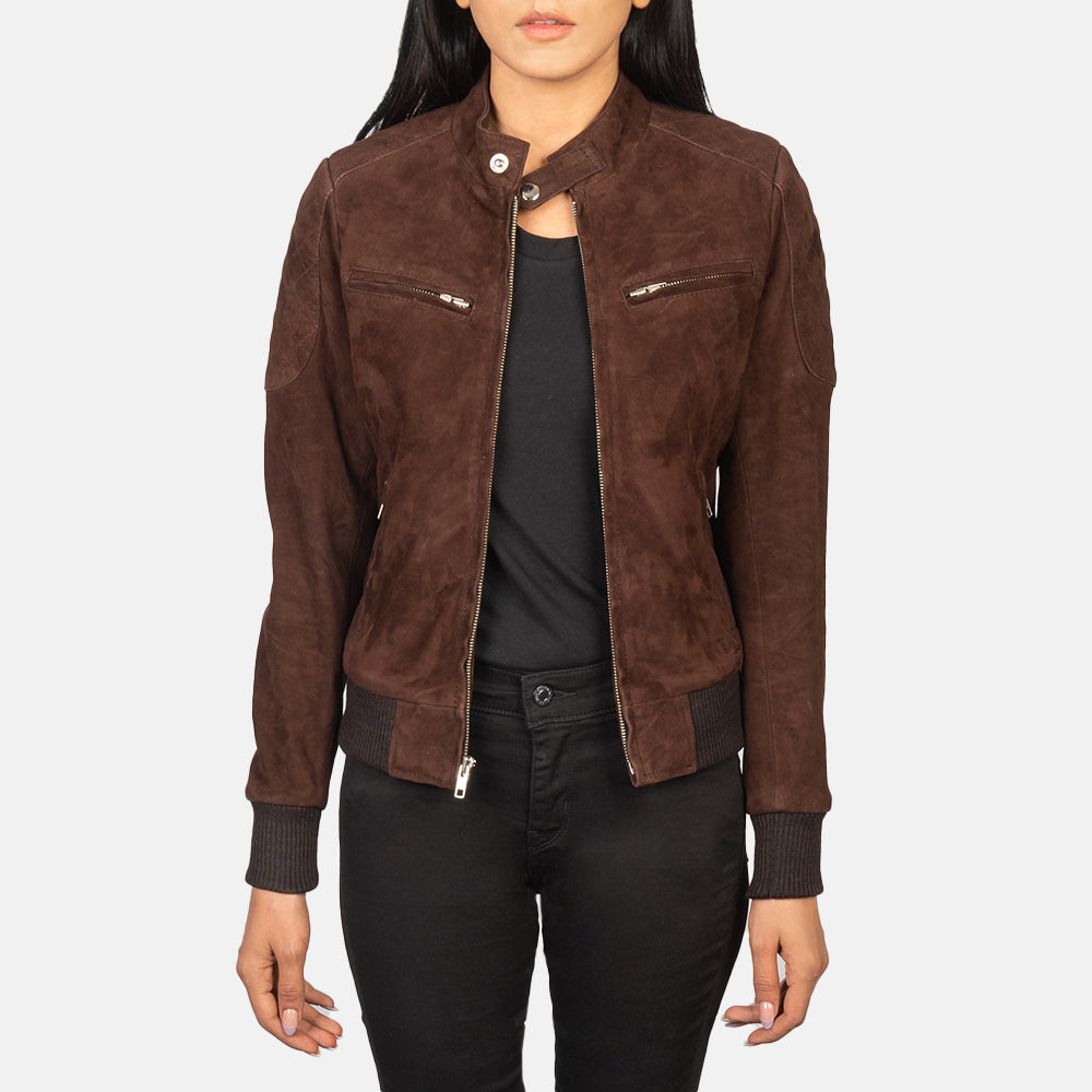 
Zenna Mocha Suede Bomber Jacket in Brown Goat Suede - Vista frontale e silhouette sartoriale | Acquista online
