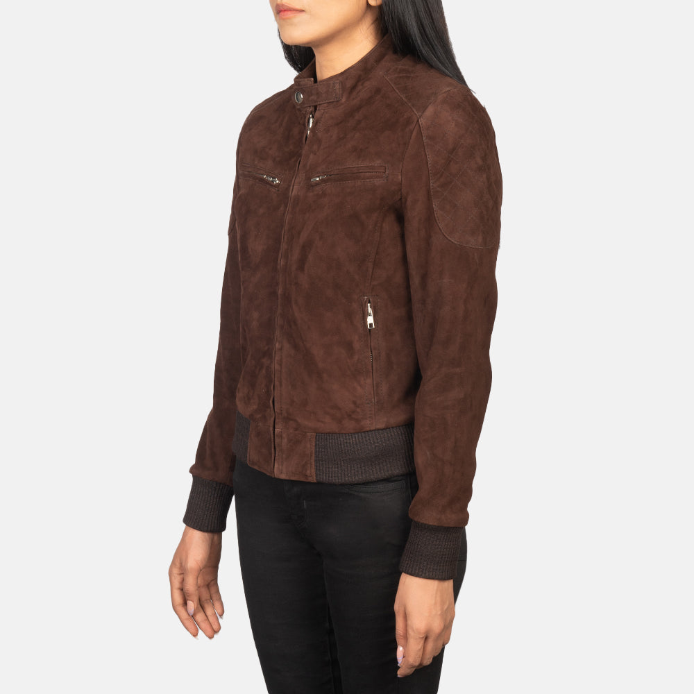 
Brown Goat Suede Bomber Jacket - Vista posteriore con spalle definite e orlo pulito