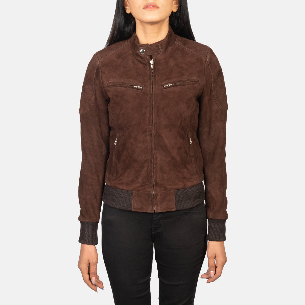 
Dettaglio ravvicinato of Band with Snap Button & Zipper Hardware on Zenna Mocha Suede Bomber Jacket