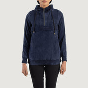 Zest Blue Hooded Suede Pullover Jacket in Blue Sheepskin Suede - Vista frontale e linea su misura | Acquista online