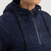 Dettaglio ravvicinato of Classic Collar &amp; Heavy-Duty Zipper Hardware on Zest Blue Hooded Suede Pullover Jacket